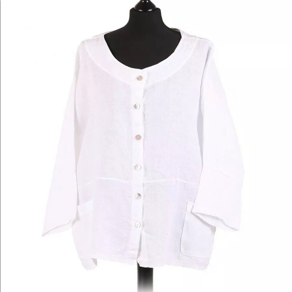 Top Jacket One Size fits 14-18 Front Button Linen White 3/4th Sleeves Pockets - Picture 2 of 4